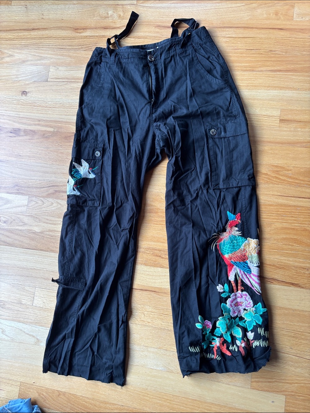 Johnny Was Black Wide-Leg Cargo Pants with Multicolor Embroidery